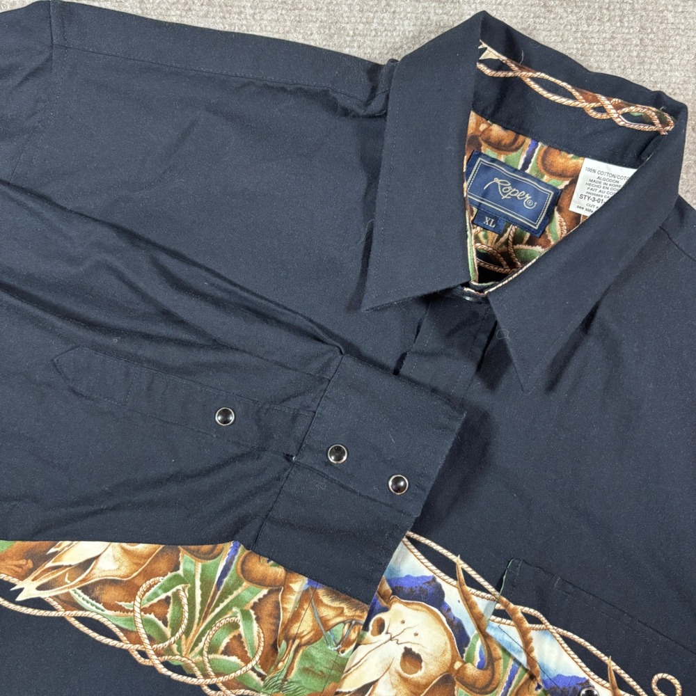 VTG Roper Pearl Snap Cowboy Bull Skull Long Sleeve Button Down Men's Size‎ XL